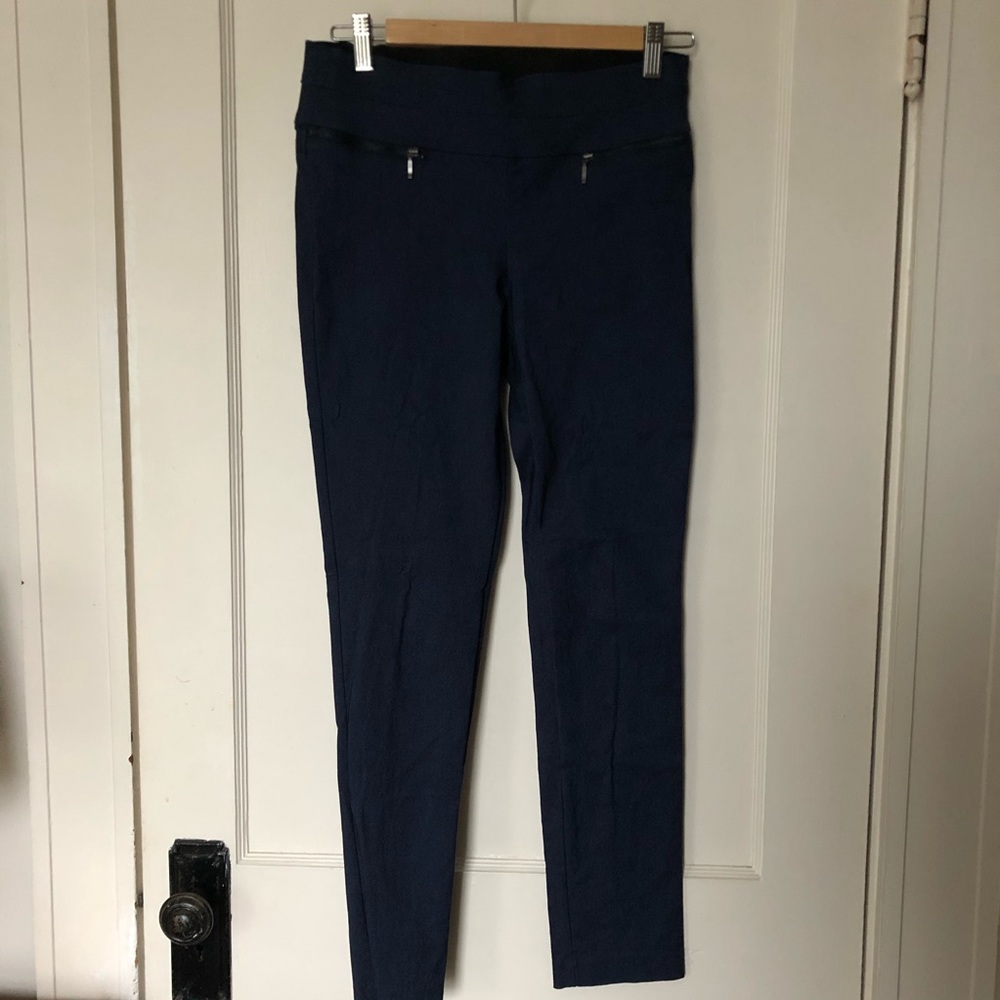 Navy pull on skinny stretchy dress pants, ankle